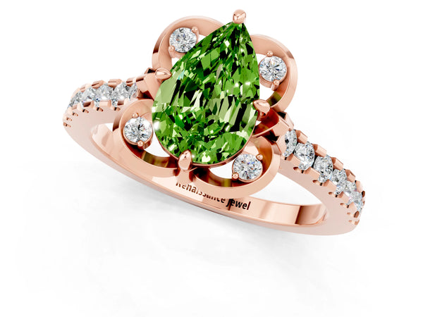 Rose gold Pear Cut Peridot Ring with Pavé Band and Floral Prong Setting