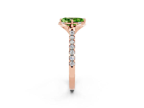 Rose gold Pear Cut Peridot Ring with Pavé Band and Floral Prong Setting