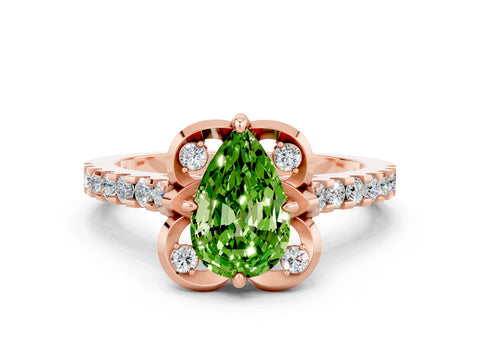 Rose gold Pear Cut Peridot Ring with Pavé Band and Floral Prong Setting