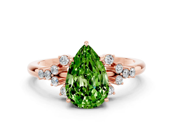 Rose gold Pear Cut Peridot Ring with Side Stones and Four-Prong Setting