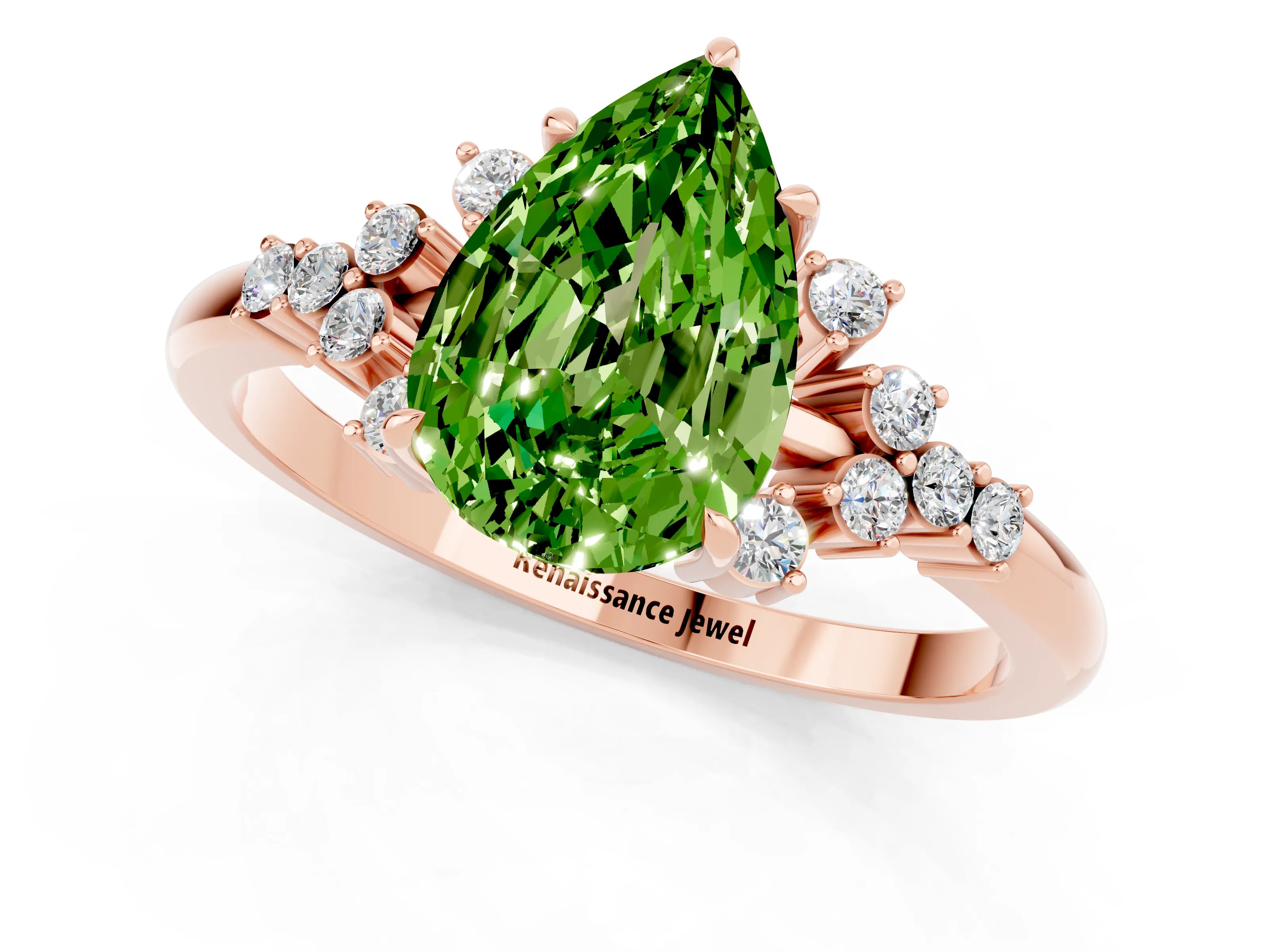 Rose gold Pear Cut Peridot Ring with Side Stones and Four-Prong Setting_37
