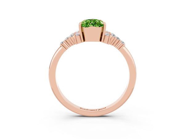 Rose gold Pear Cut Peridot Ring with Side Stones and Four-Prong Setting