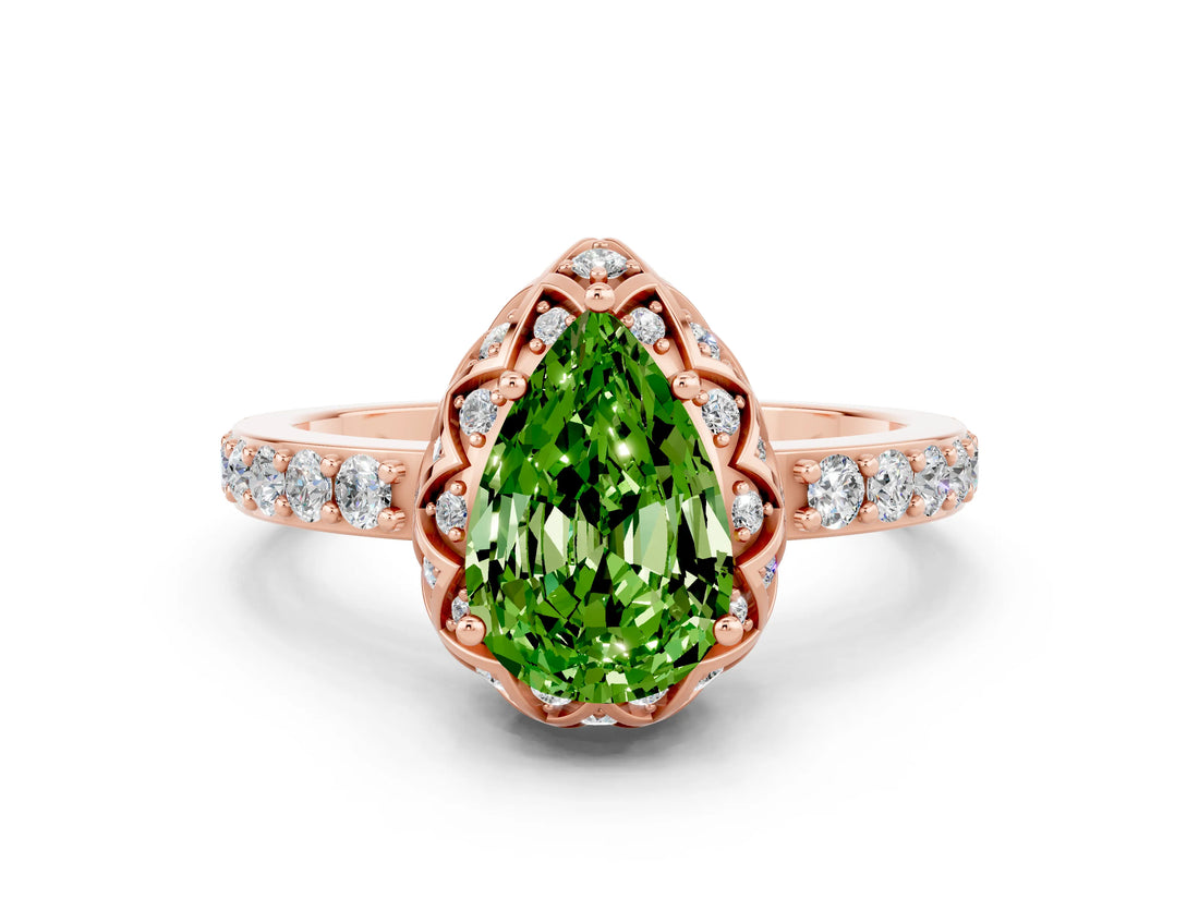 Rose gold Pear Cut Peridot Scalloped Halo Engagement Ring with Round Shared Prong Band_24