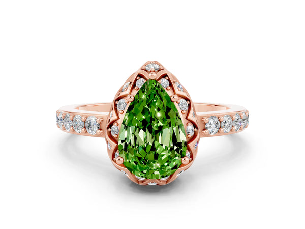 Rose gold Pear Cut Peridot Scalloped Halo Engagement Ring with Round Shared Prong Band