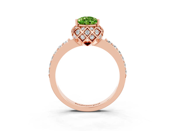 Rose gold Pear Cut Peridot Scalloped Halo Engagement Ring with Round Shared Prong Band