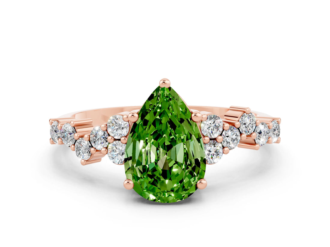 Rose gold Pear Cut Peridot Scattered Round Accent Ring with Prong Setting_12