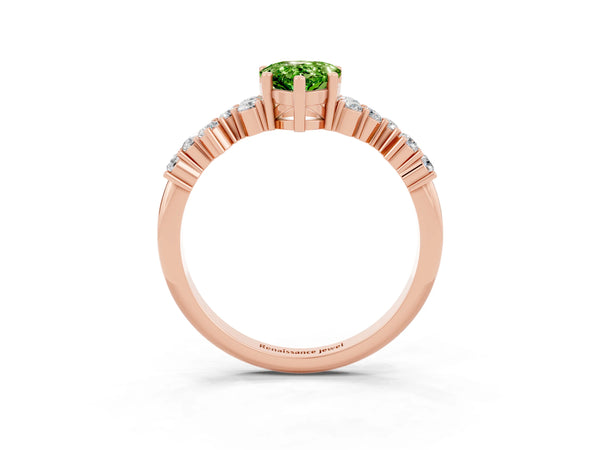 Rose gold Pear Cut Peridot Scattered Round Accent Ring with Prong Setting