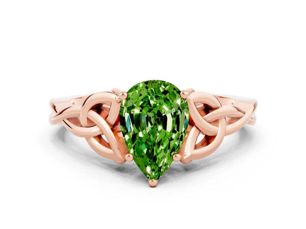 Rose gold Pear Cut Peridot Solitaire Celtic Knot Ring with Four-Prong Setting