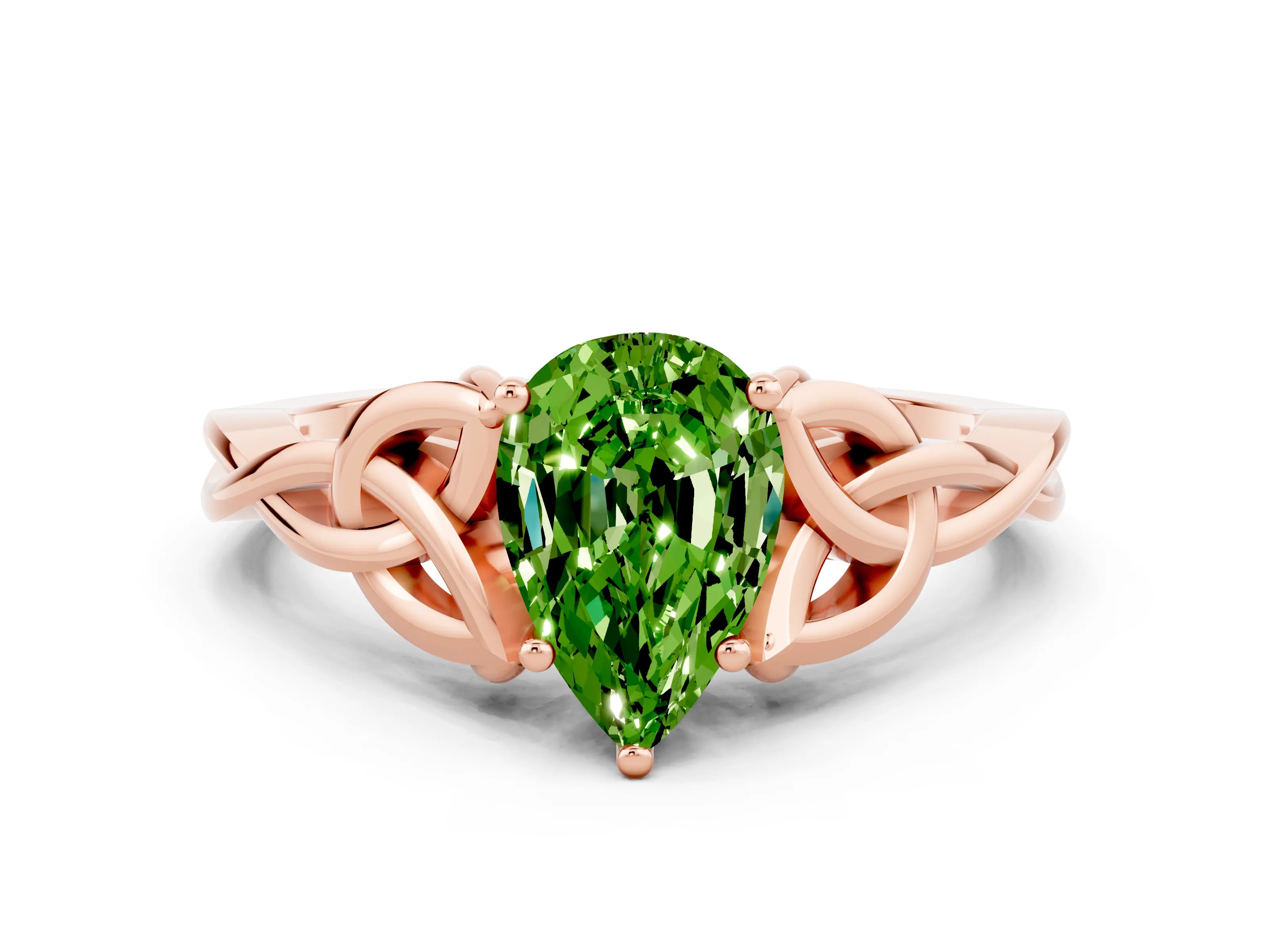 Rose gold Pear Cut Peridot Solitaire Engagement Ring with Celtic Knot Band and Four-Prong Setting