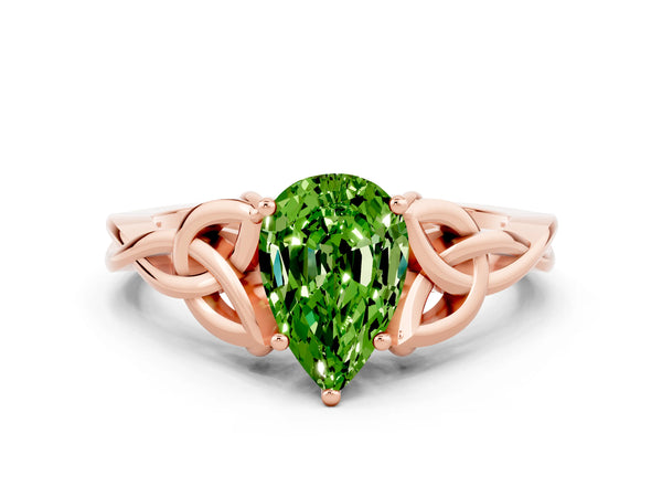 Rose gold Pear Cut Peridot Solitaire Engagement Ring with Celtic Knot Band and Four-Prong Setting