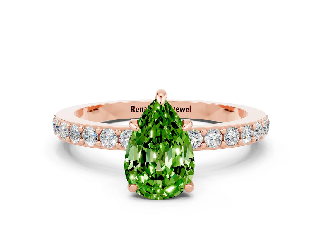 Rose gold Pear Cut Peridot Solitaire Engagement Ring with Pavé Band and Four-Prong Setting