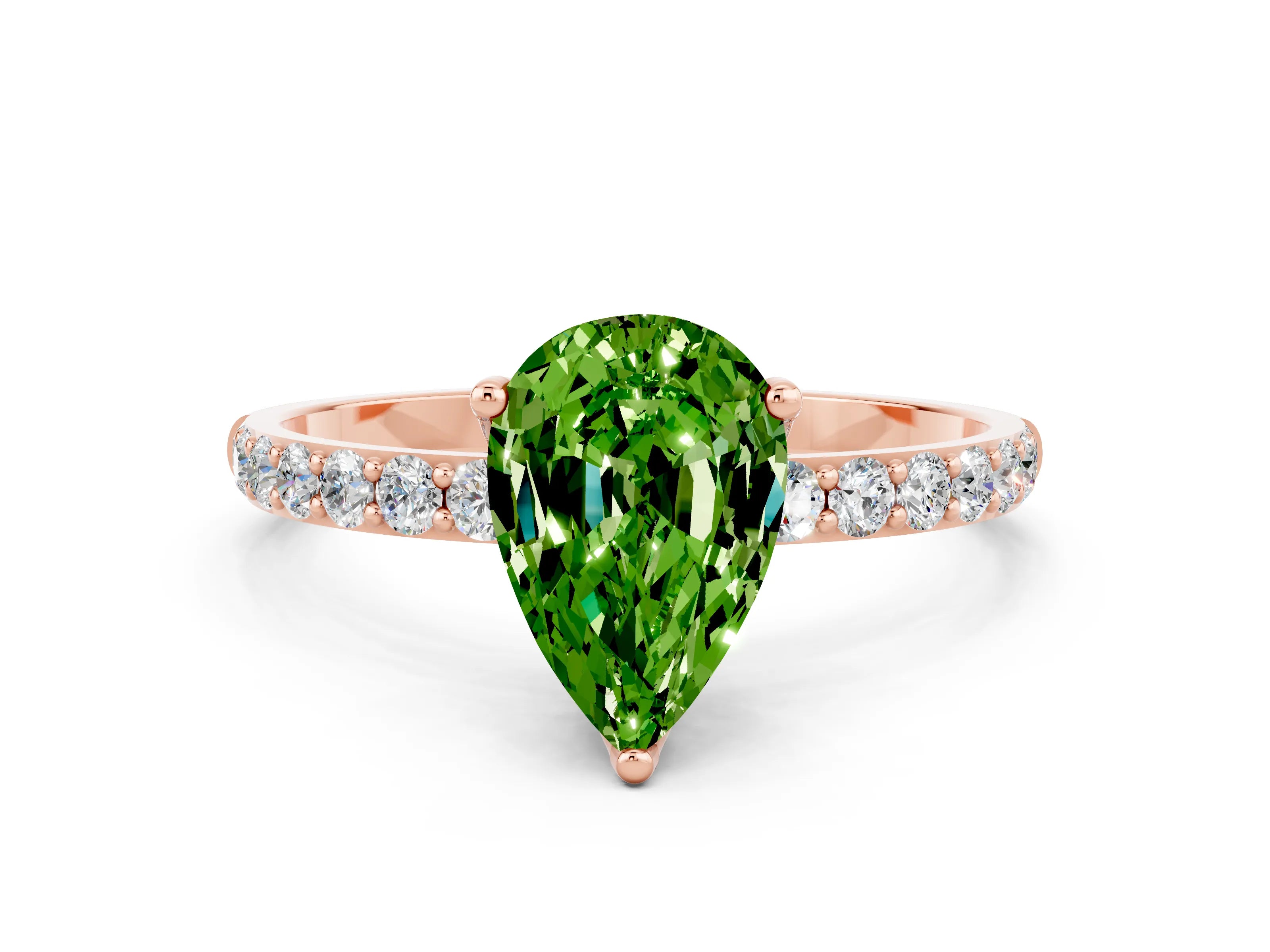Rose gold Pear Cut Peridot Solitaire Engagement Ring with Pavé Band and Prong Setting