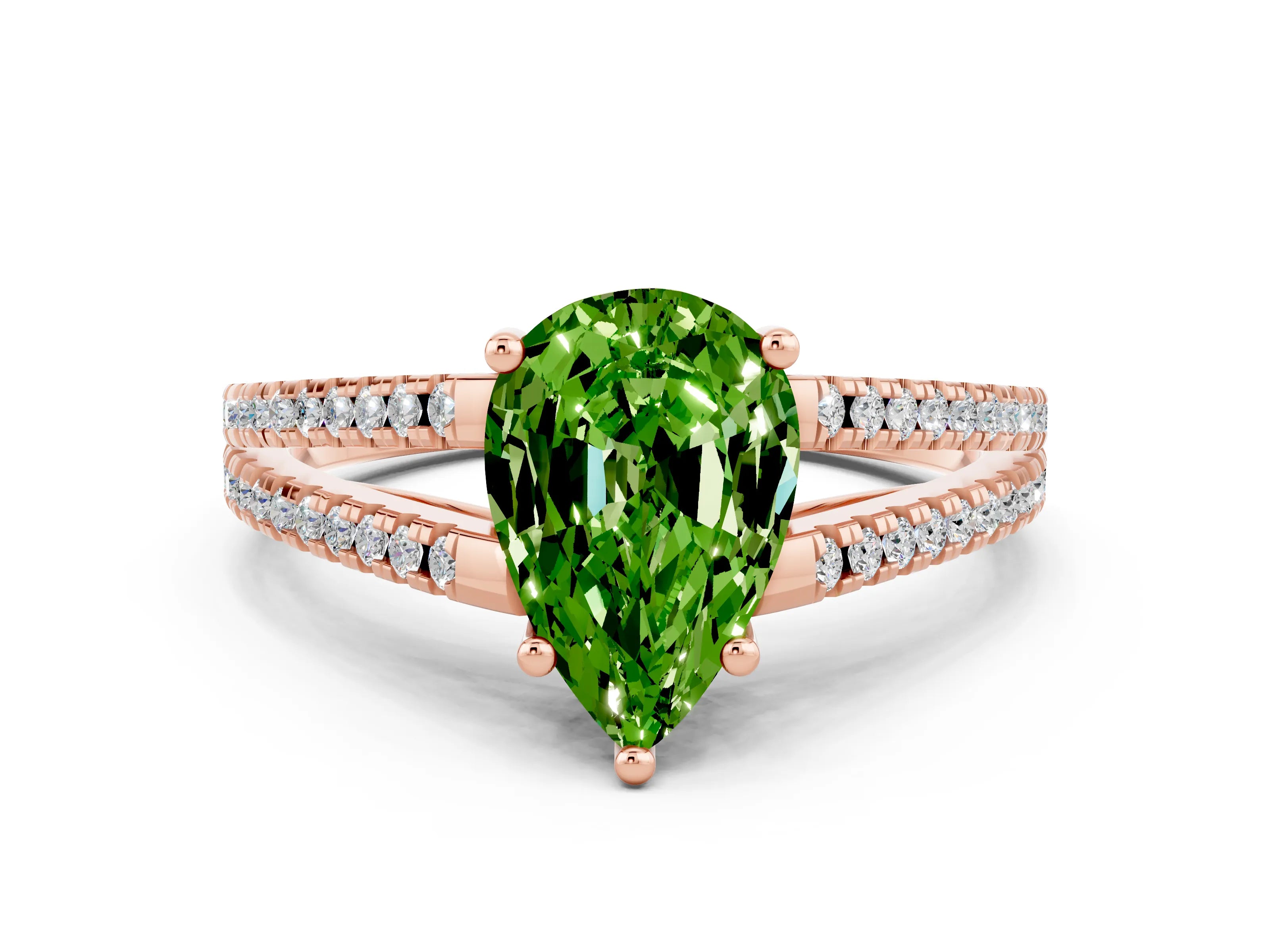 Rose gold Pear Cut Peridot Solitaire Engagement Ring with Split Shank Pavé Band