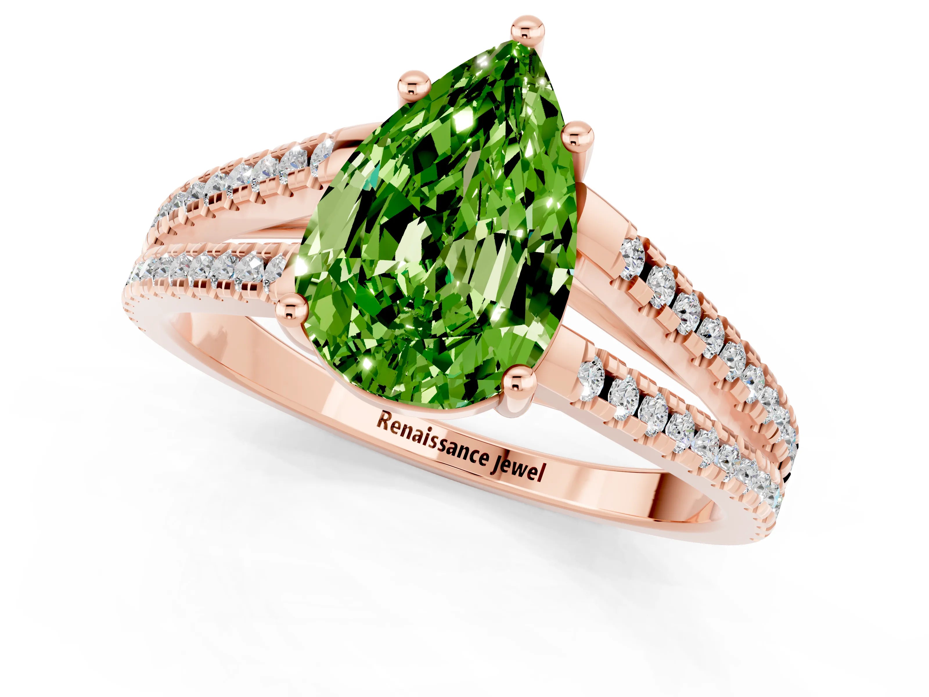 Rose gold Pear Cut Peridot Solitaire Engagement Ring with Split Shank Pavé Band_1