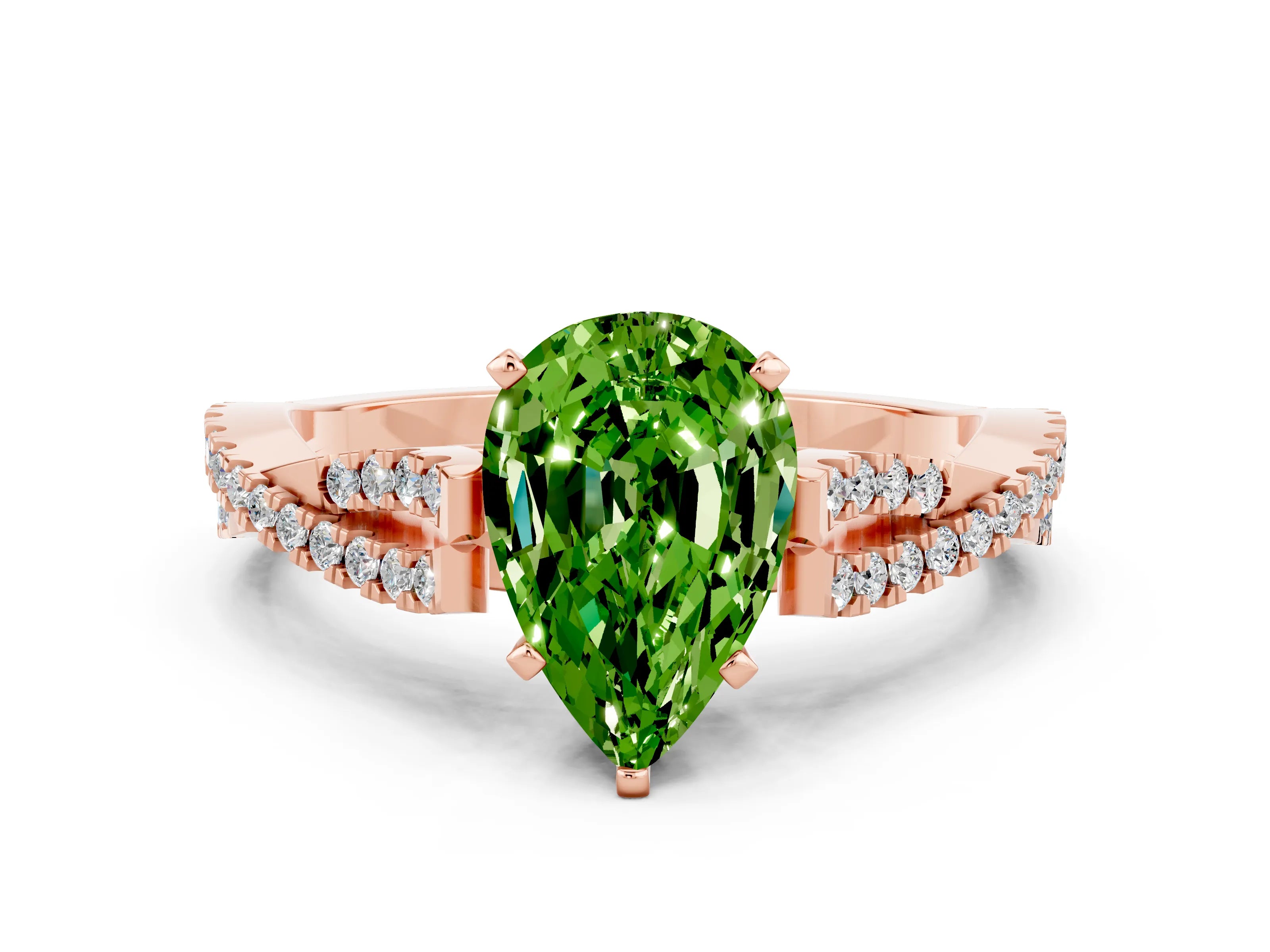 Rose gold Pear Cut Peridot Solitaire Engagement Ring with Twisted Pavé Band and Four-Prong Setting