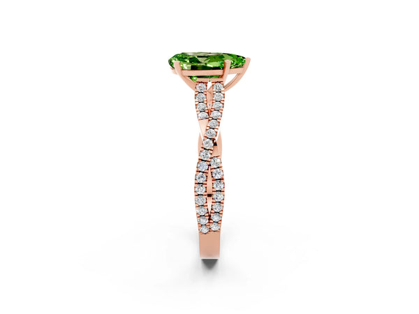 Rose gold Pear Cut Peridot Solitaire Engagement Ring with Twisted Pavé Band and Four-Prong Setting