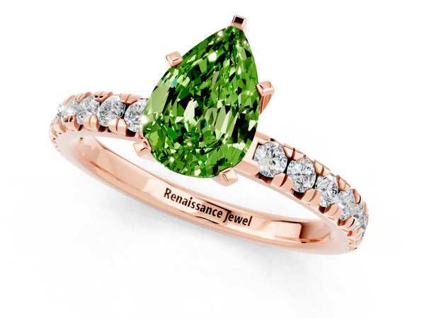 Rose gold Pear Cut Peridot Solitaire Pavé Engagement Ring with Round Band and Prong Setting