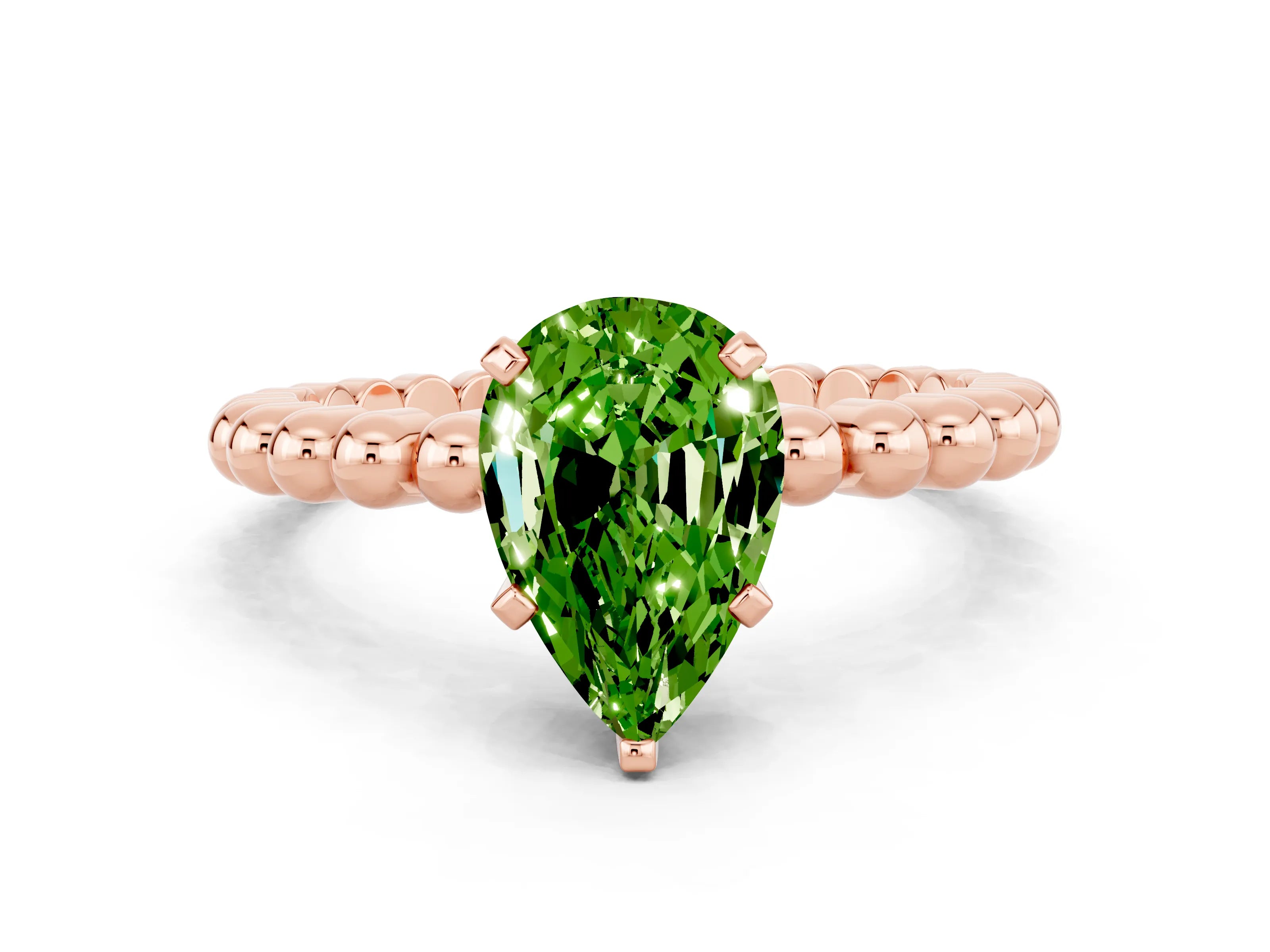 Rose gold Pear Cut Peridot Solitaire Ring with Beaded Band and Prong Setting