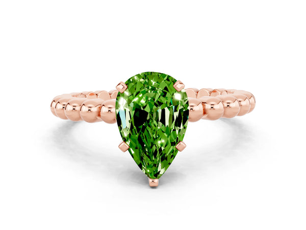 Rose gold Pear Cut Peridot Solitaire Ring with Beaded Band and Prong Setting