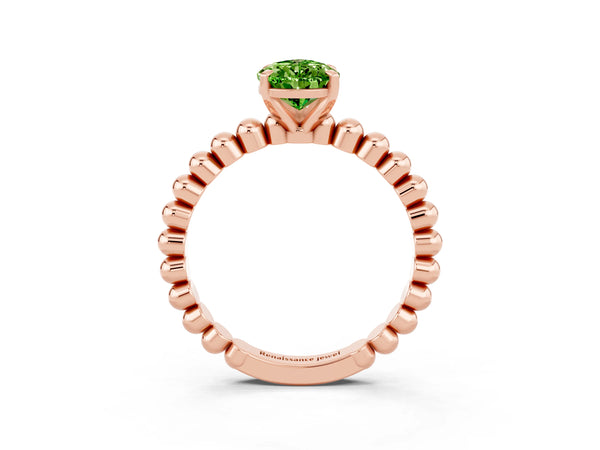 Rose gold Pear Cut Peridot Solitaire Ring with Beaded Band and Prong Setting