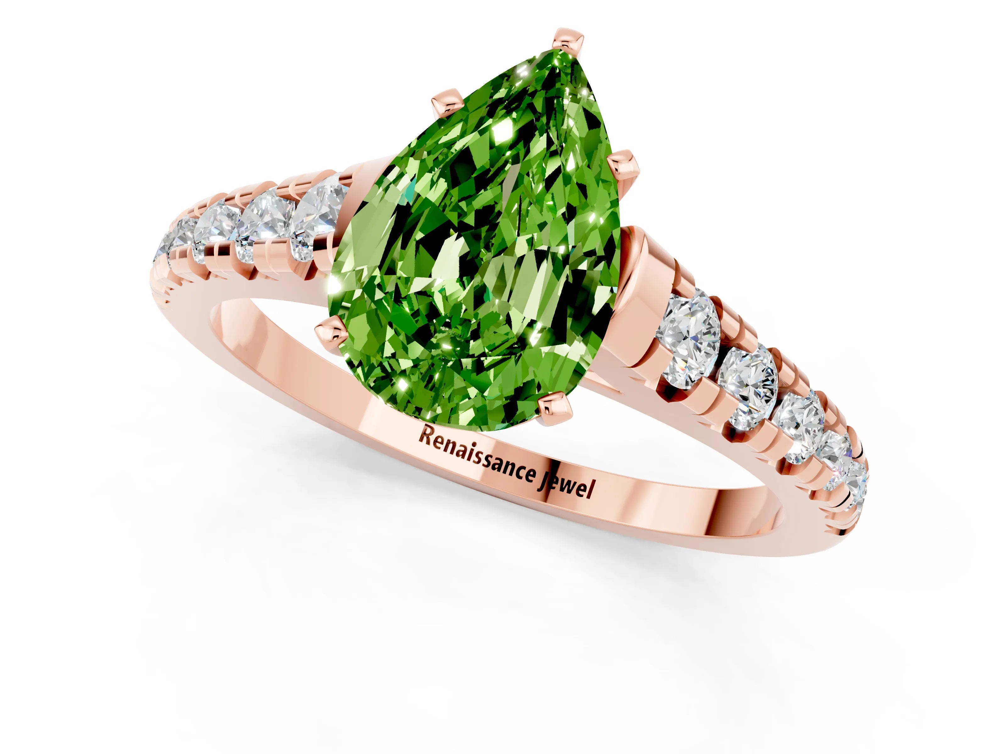 Rose gold Pear Cut Peridot Solitaire Ring with Cathedral Setting and Pavé Band_1