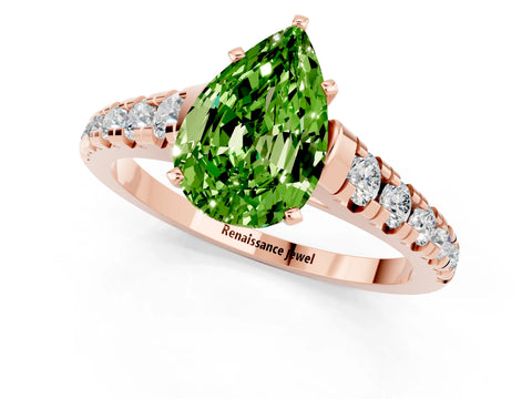 Rose gold Pear Cut Peridot Solitaire Ring with Cathedral Setting and Pavé Band_1
