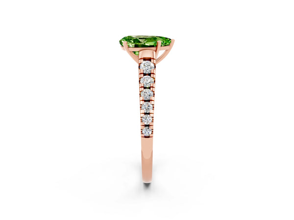 Rose gold Pear Cut Peridot Cathedral Solitaire Ring with Round  Pavé Band