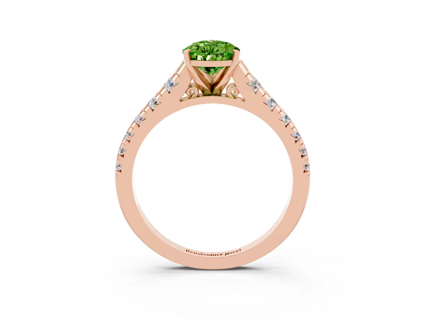 Rose gold Pear Cut Peridot Cathedral Solitaire Ring with Round  Pavé Band