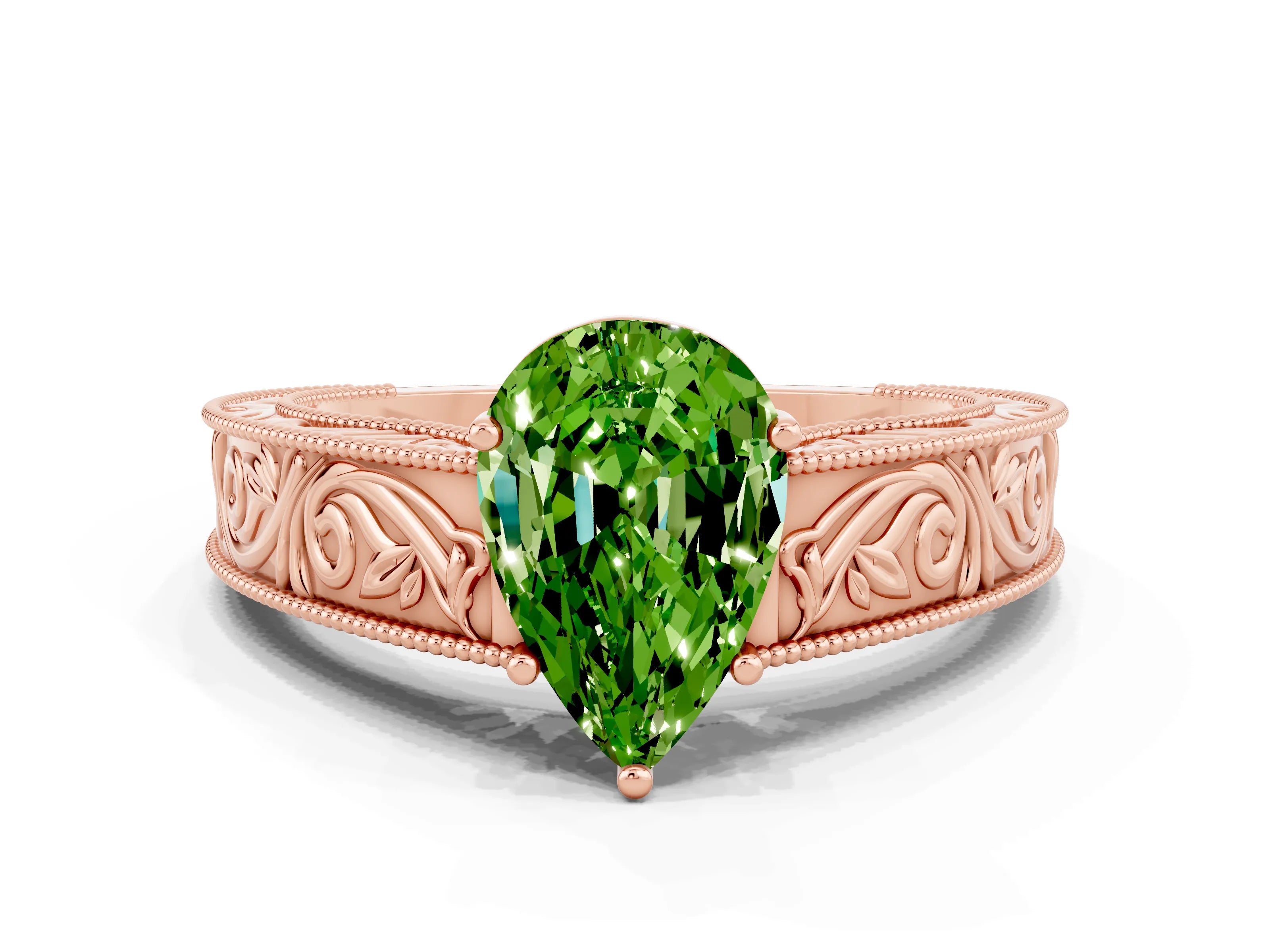 Rose gold Pear Cut Peridot Solitaire Ring with Engraved Band and Four-Prong Setting