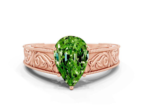 Rose gold Pear Cut Peridot Solitaire Ring with Engraved Band and Four-Prong Setting