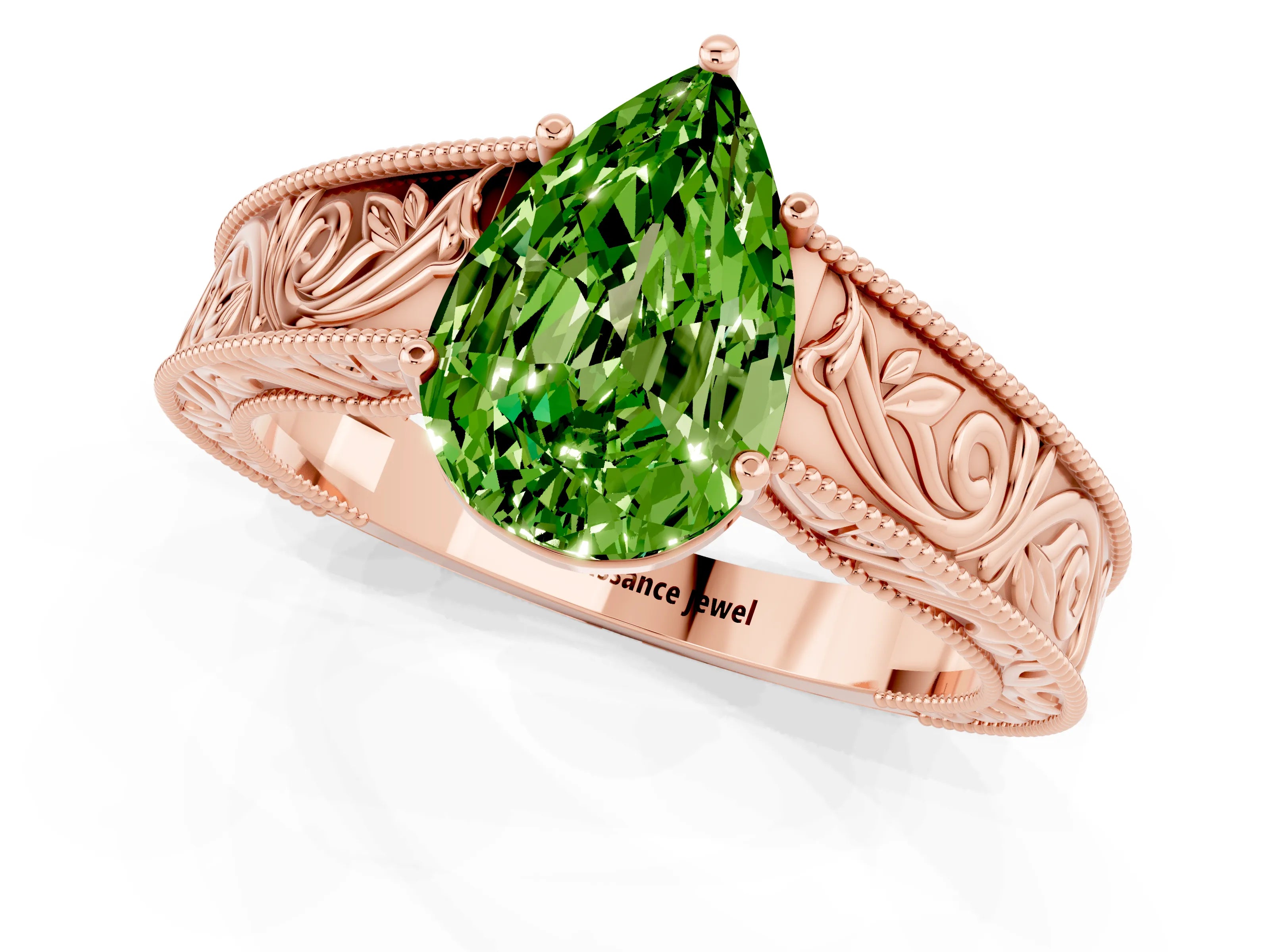 Rose gold Pear Cut Peridot Solitaire Ring with Engraved Band and Four-Prong Setting_1