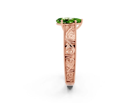 Rose gold Pear Cut Peridot Solitaire Ring with Engraved Band and Four-Prong Setting_2