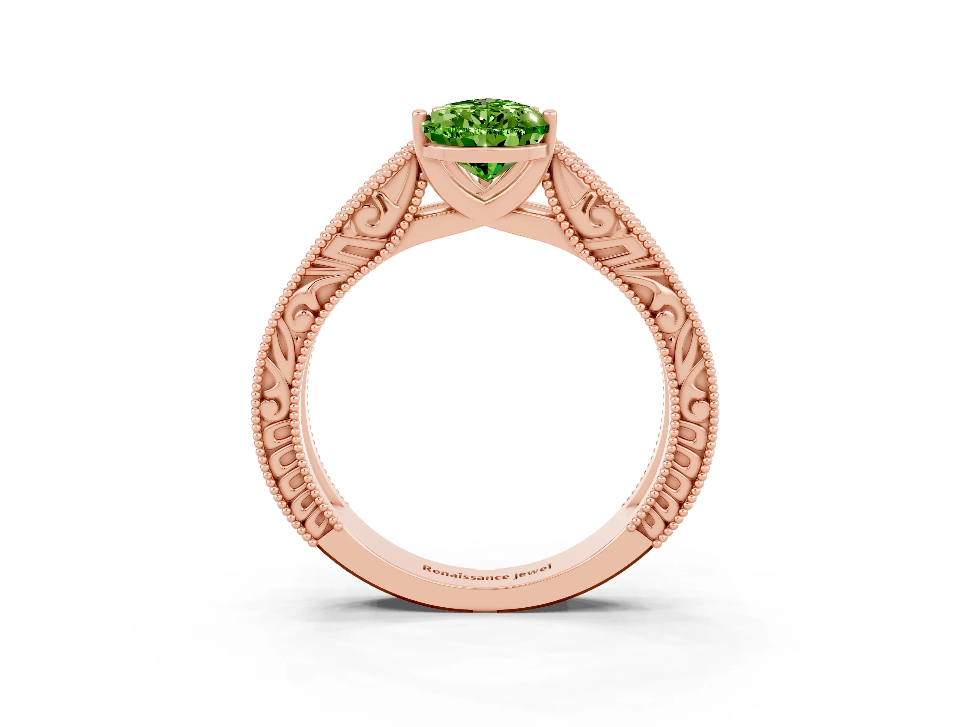 Rose gold Pear Cut Peridot Solitaire Ring with Engraved Band and Four-Prong Setting_3