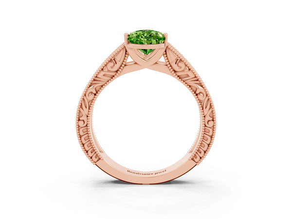 Rose gold Pear Cut Peridot Solitaire Ring with Engraved Band and Four-Prong Setting