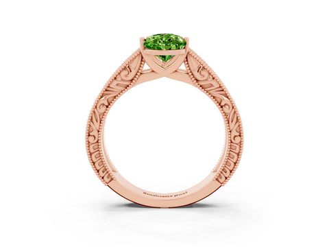 Rose gold Pear Cut Peridot Solitaire Ring with Engraved Band and Four-Prong Setting_3