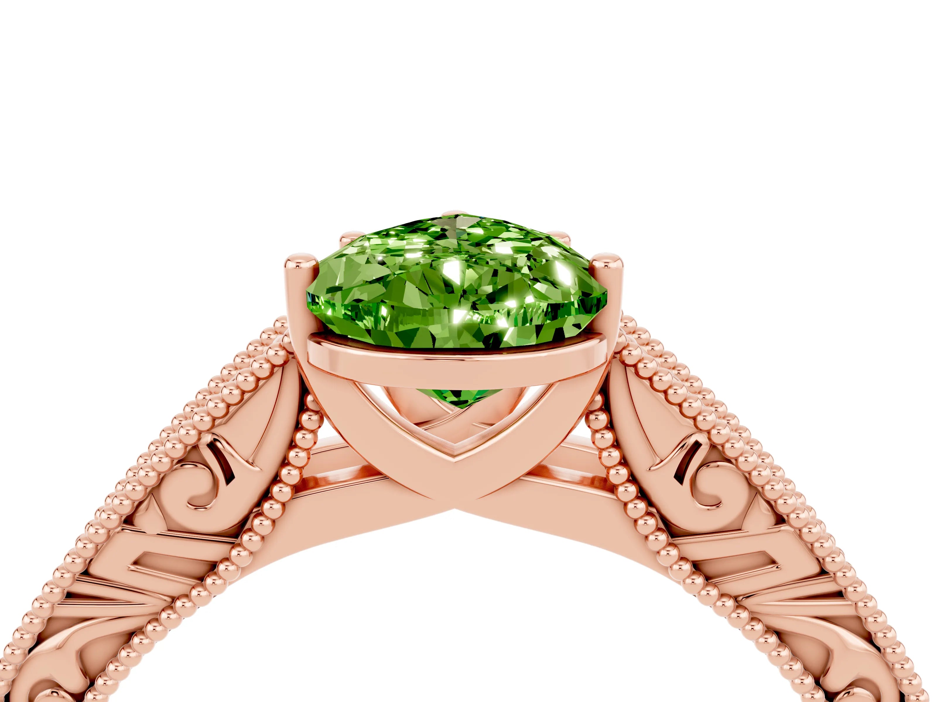 Rose gold Pear Cut Peridot Solitaire Ring with Engraved Band and Four-Prong Setting_4