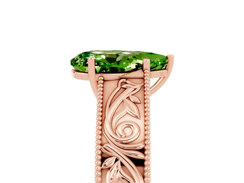 Rose gold Pear Cut Peridot Solitaire Ring with Engraved Band and Four-Prong Setting_5