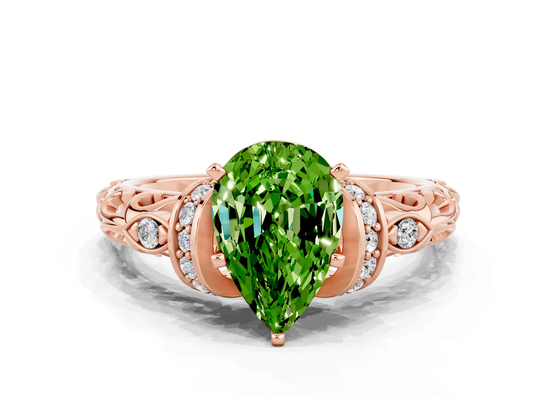 Rose gold Pear Cut Peridot Solitaire Ring with Filigree Band and Four-Prong Setting_24