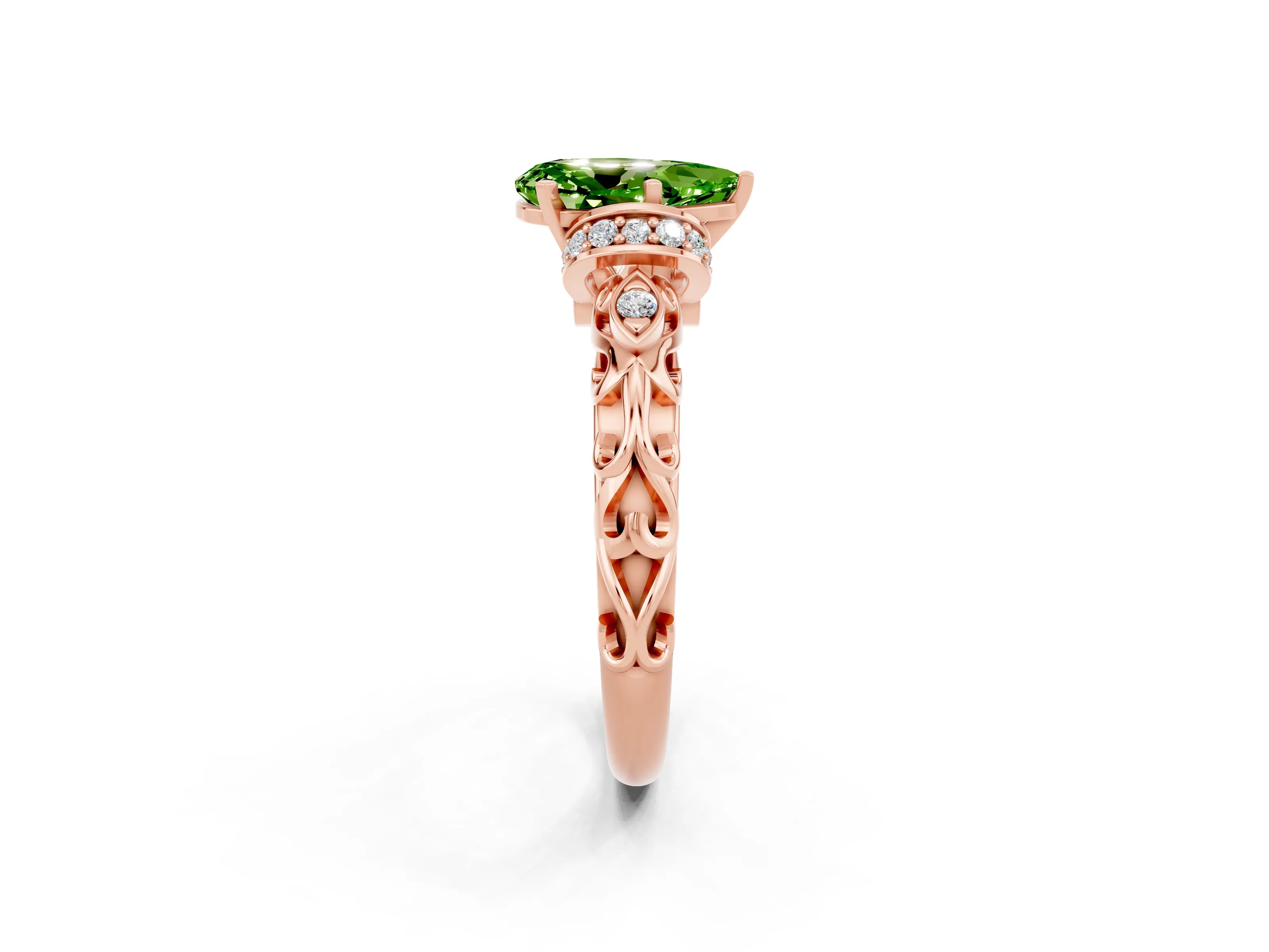 Rose gold Pear Cut Peridot Solitaire Ring with Filigree Band and Four-Prong Setting_26