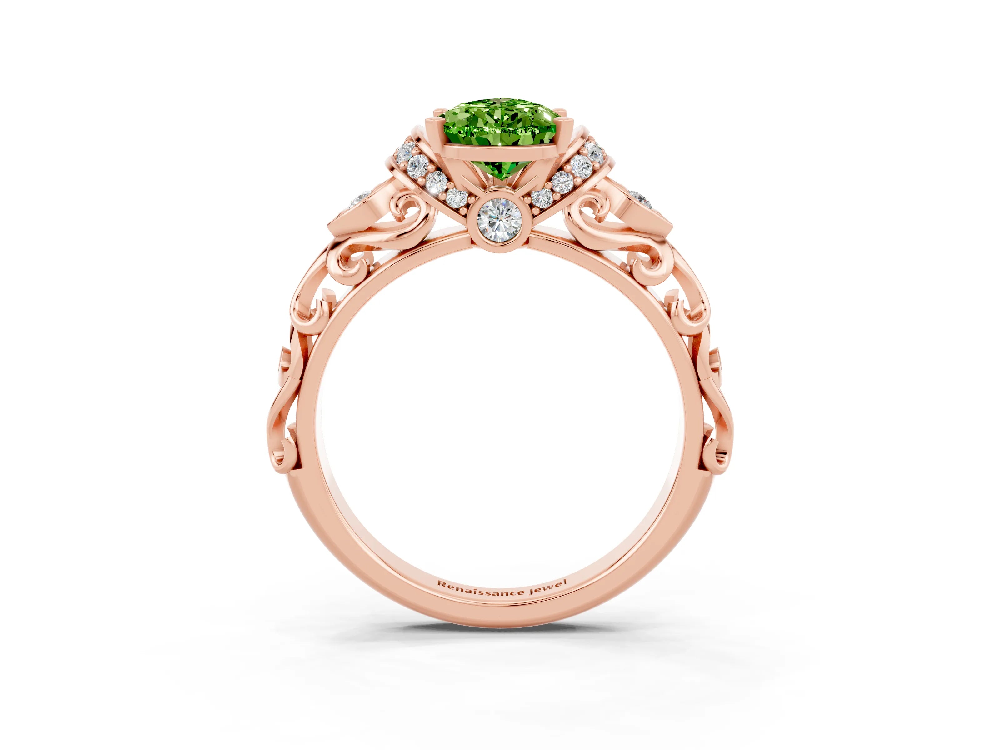 Rose gold Pear Cut Peridot Solitaire Ring with Filigree Band and Four-Prong Setting_27