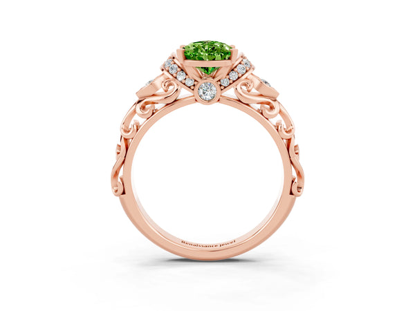Rose gold Pear Cut Peridot Solitaire Ring with Filigree Band and Four-Prong Setting