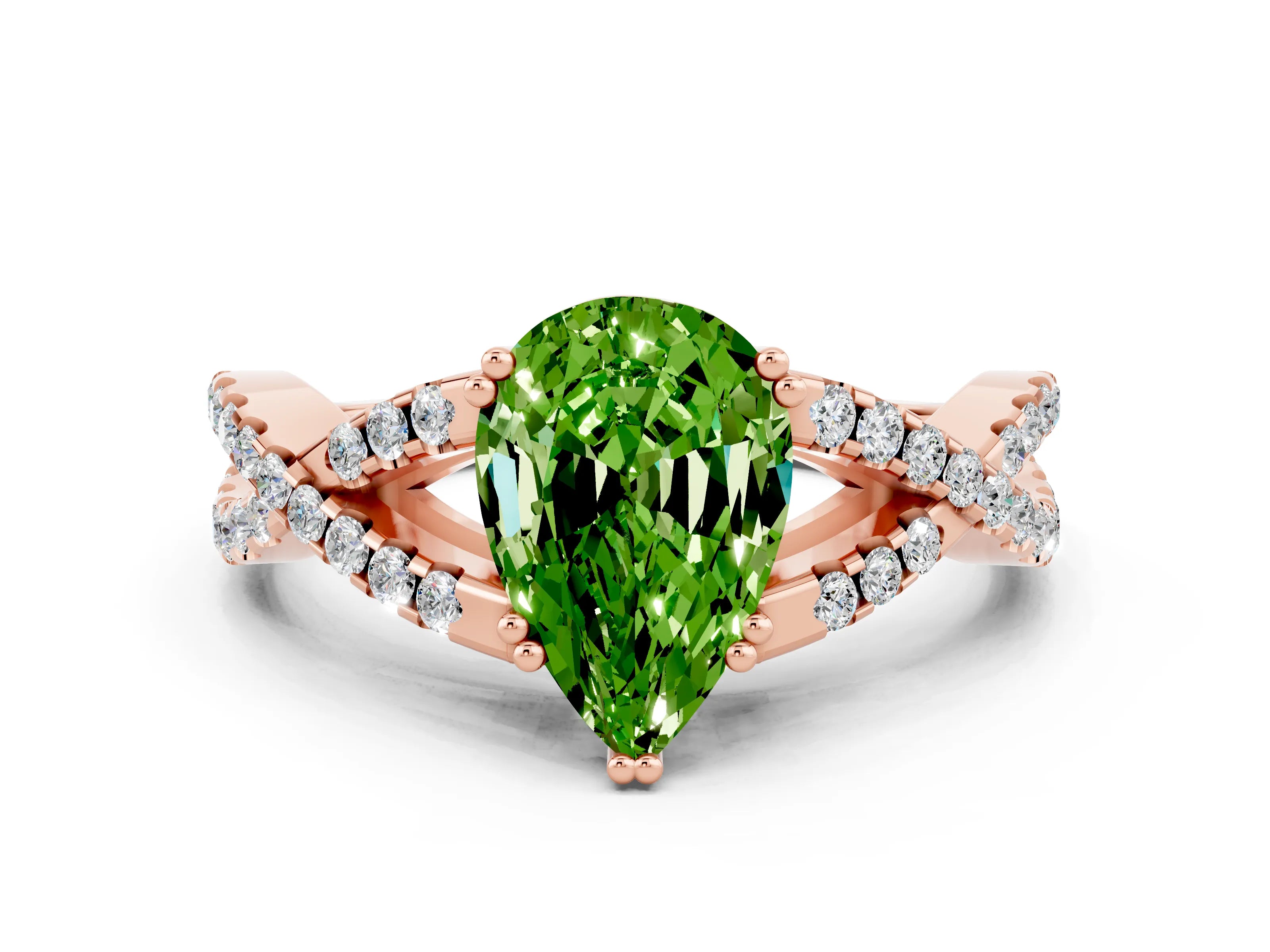 Rose gold Pear Cut Peridot Solitaire Ring with Four-Prong Setting and Twisted Pavé Band
