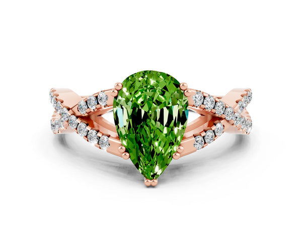 Rose gold Pear Cut Peridot Solitaire Ring with Four-Prong Setting and Twisted Pavé Band
