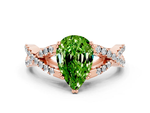 Rose gold Pear Cut Peridot Solitaire Ring with Four-Prong Setting and Twisted Pavé Band