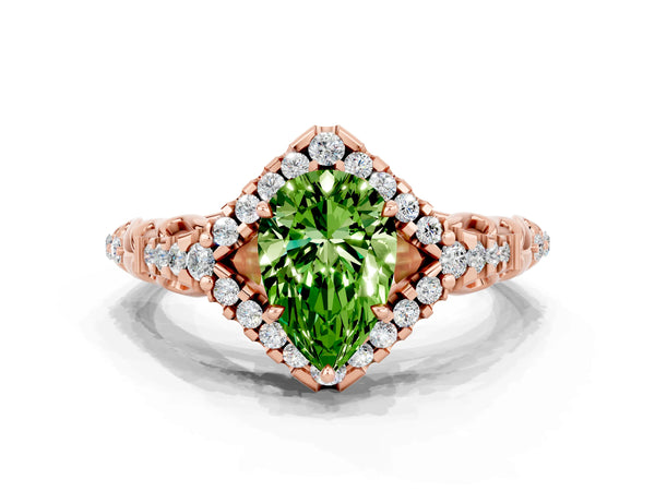 Rose gold Pear Cut Peridot Solitaire Ring with Hidden Halo and Pavé Band