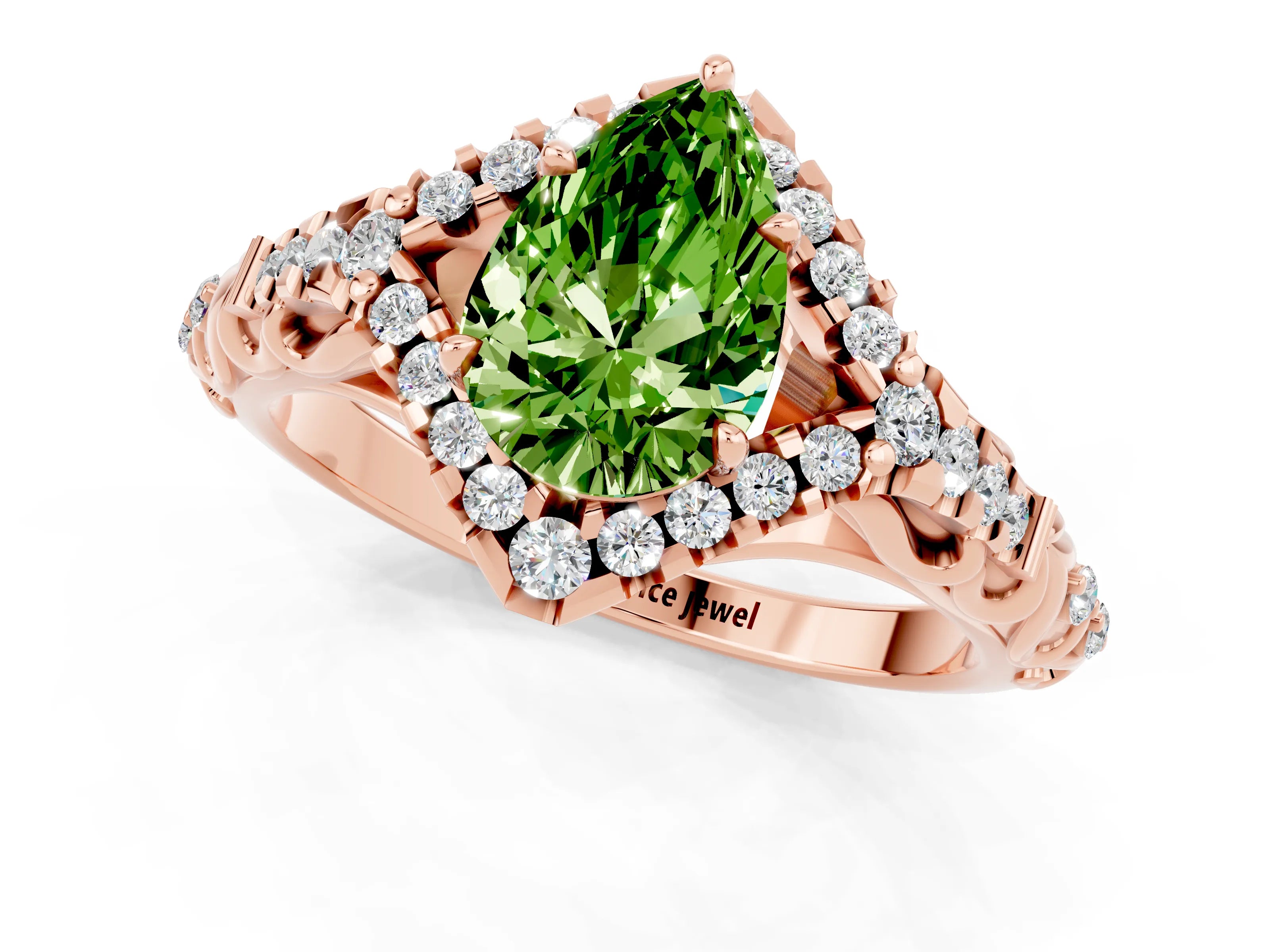 Rose gold Pear Cut Peridot Solitaire Ring with Hidden Halo and Pavé Band_13