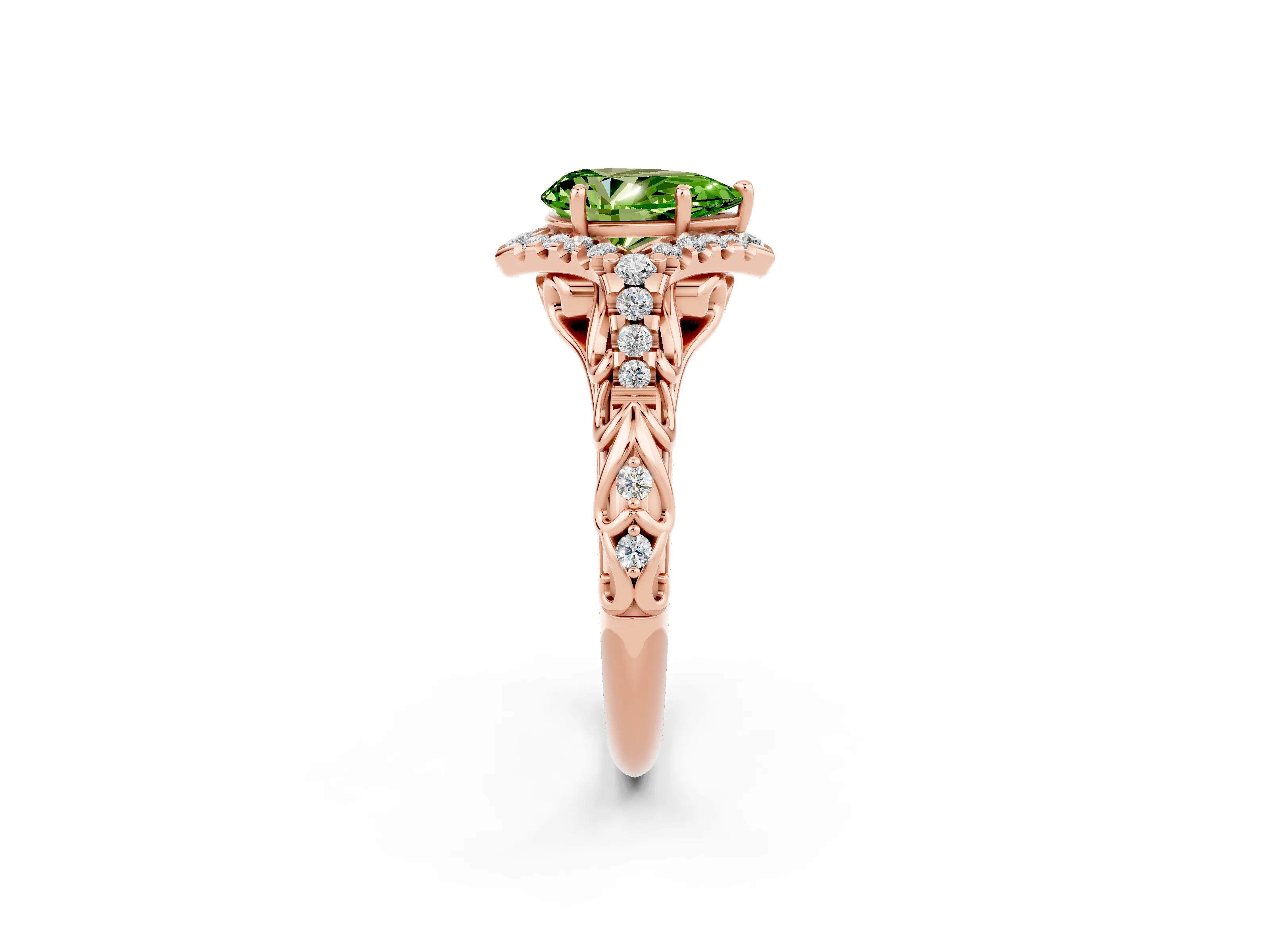 Rose gold Pear Cut Peridot Solitaire Ring with Hidden Halo and Pavé Band_14