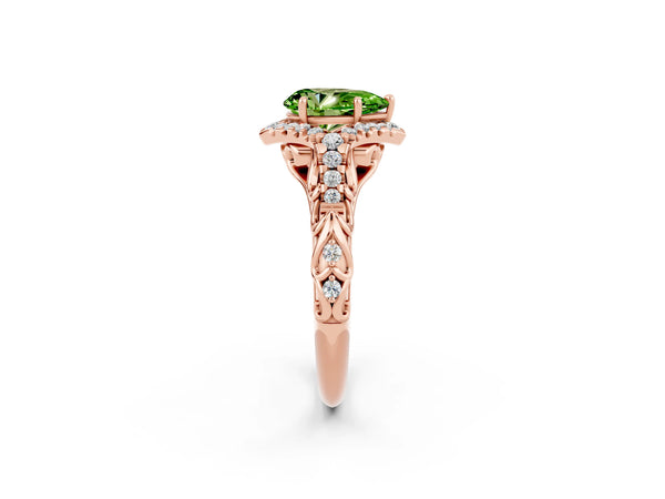 Rose gold Pear Cut Peridot Solitaire Ring with Hidden Halo and Pavé Band