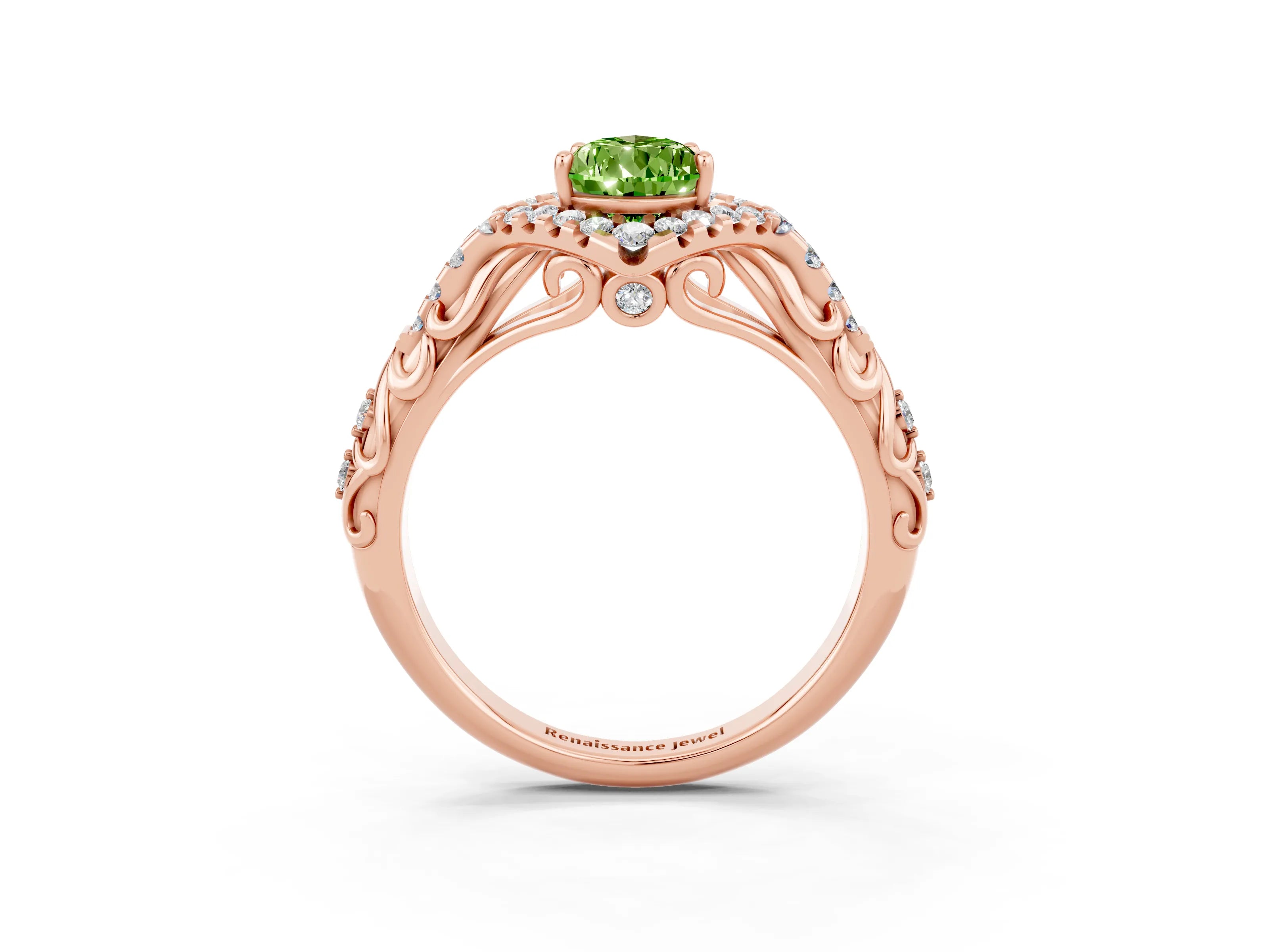 Rose gold Pear Cut Peridot Solitaire Ring with Hidden Halo and Pavé Band_15