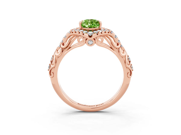 Rose gold Pear Cut Peridot Solitaire Ring with Hidden Halo and Pavé Band